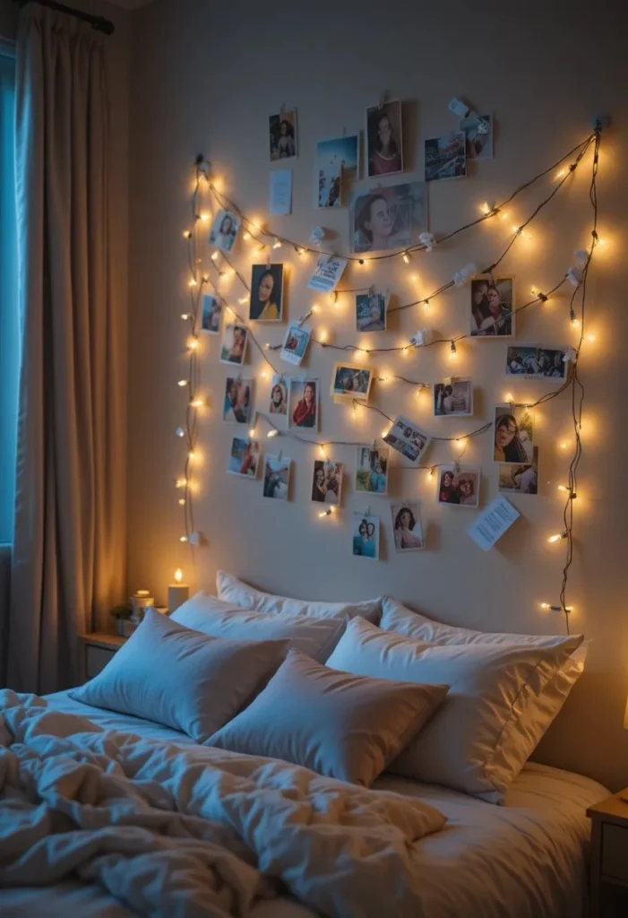 Bedroom wall with string lights and hanging photo display.