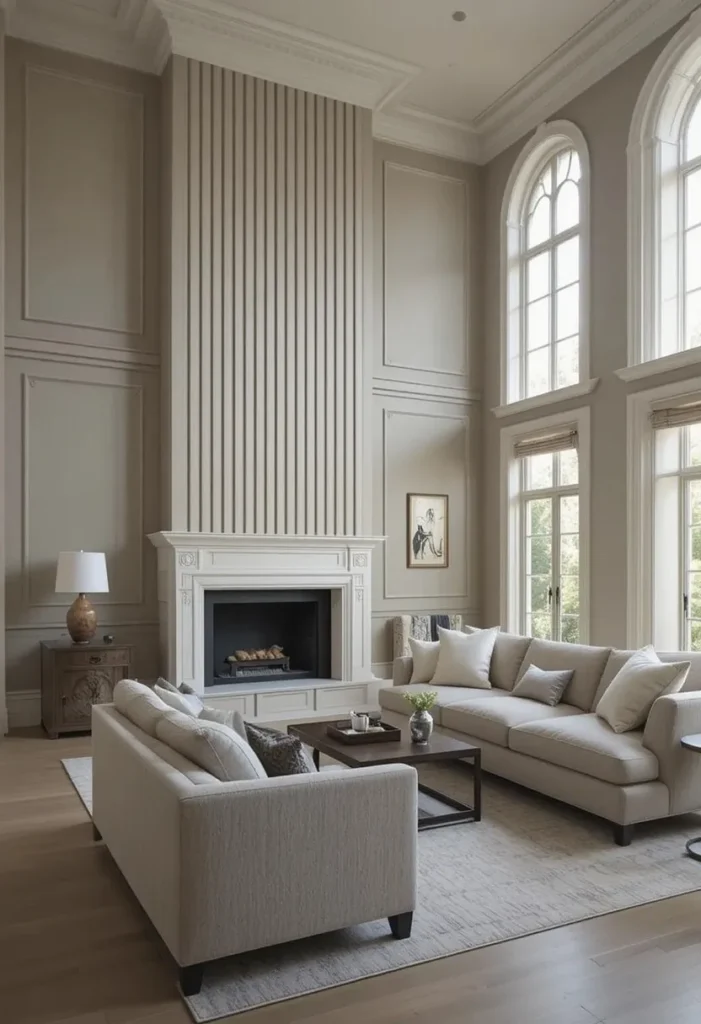Board-and-batten accent wall making a living room feel taller.