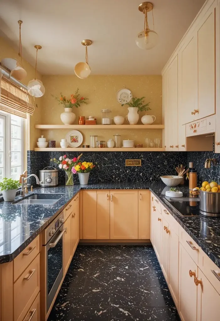 Retro-inspired kitchen with black and white terrazzo countertops.