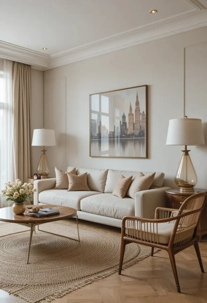 Full apartment living room with warm metallic accents and textures