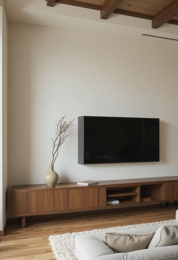 Japandi minimalist TV wall with walnut console and calm neutral decor
