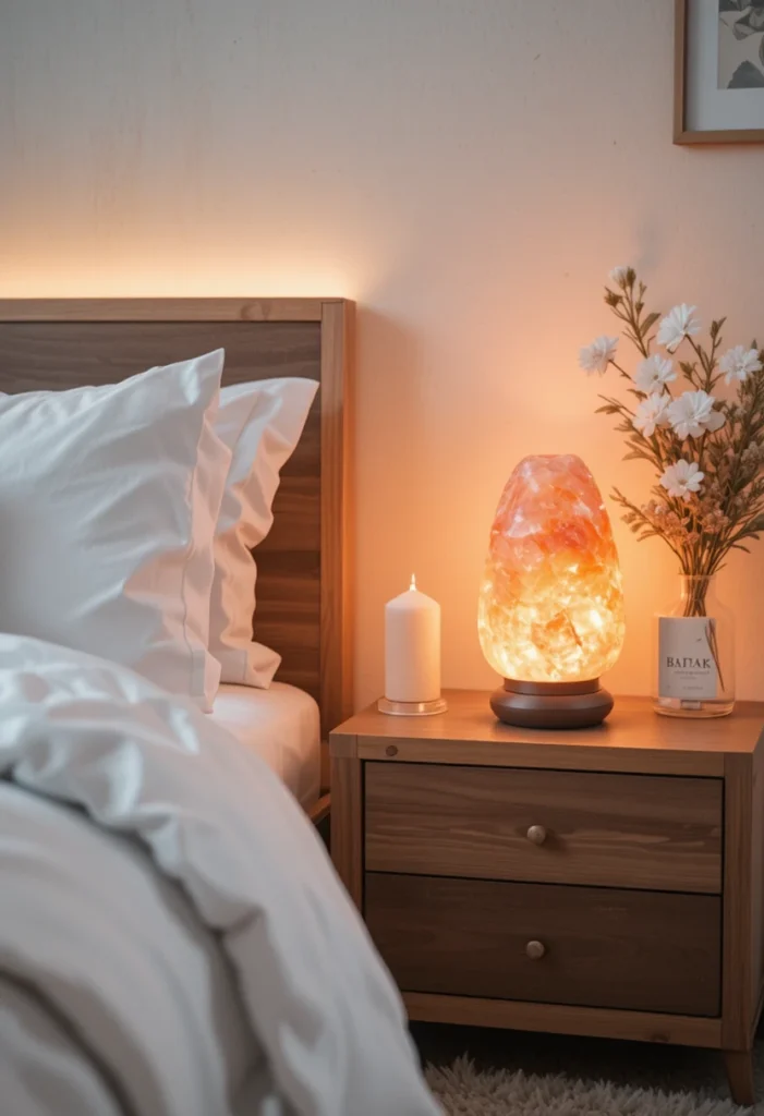 Himalayan salt lamp glowing warmly on bedroom nightstand.