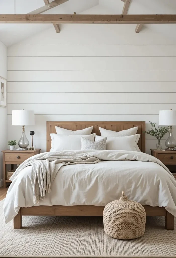 White shiplap accent wall behind a cozy neutral bedroom bed.