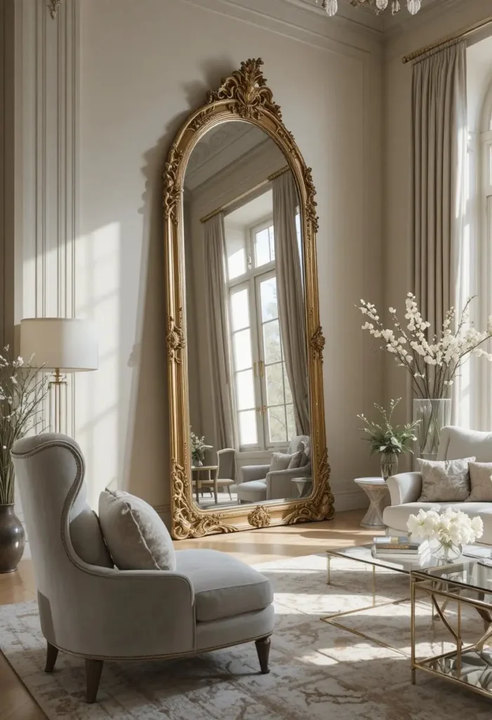 Living room with large decorative mirror adding elegance and light