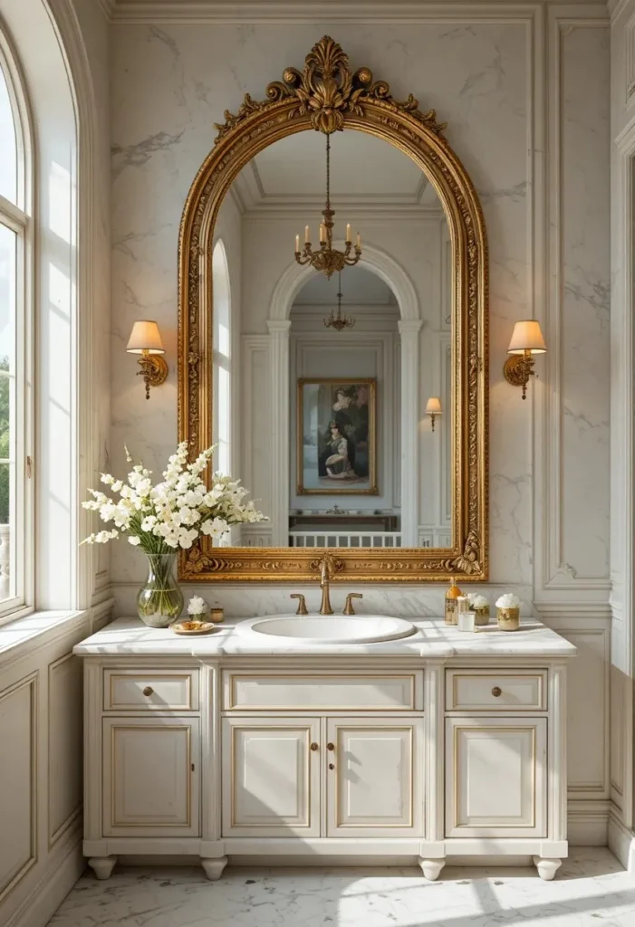 Vintage gold bathroom mirror adding character and depth