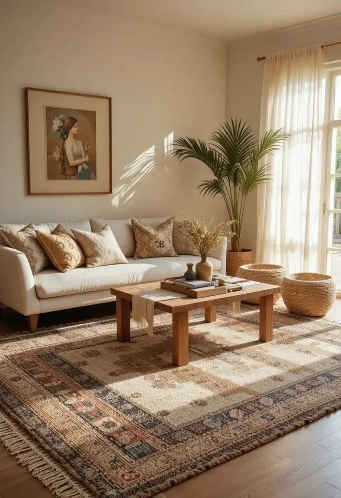 Bohemian living room with layered jute and vintage Persian rugs under a cream sofa.