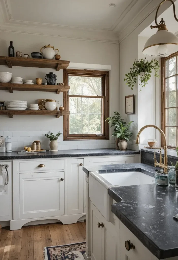 Rustic kitchen with honed black soapstone countertops and open wood shelving.