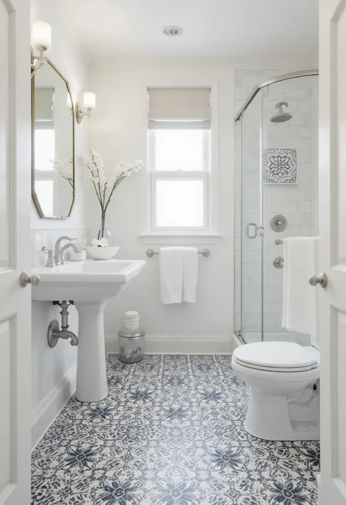 Peel-and-stick patterned bathroom tiles refreshing the floor