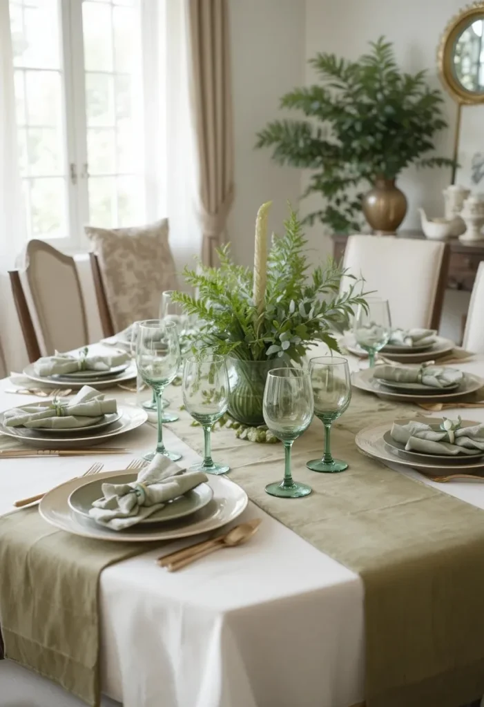 Full dining room with layered green table styling for elegant dining