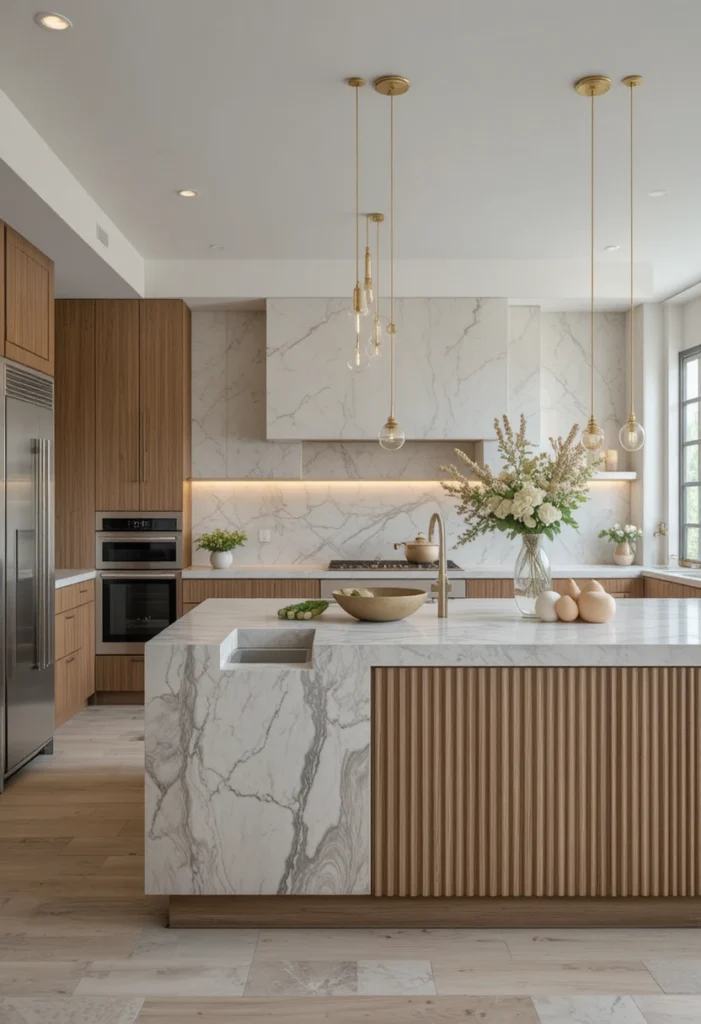 Modern kitchen featuring a waterfall island with fluted wood detailing and elegant stone surfaces.