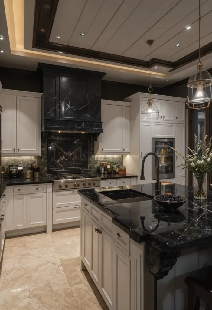 Moody kitchen featuring honed black granite countertops and white cabinets.