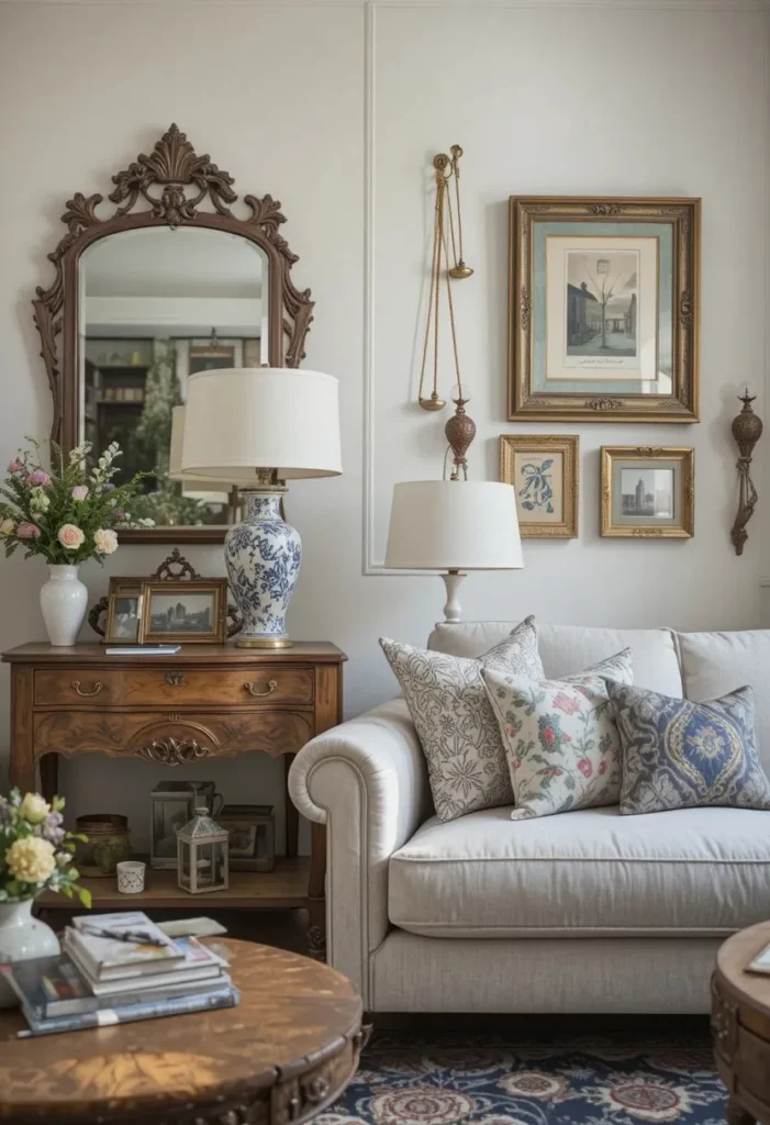 Living room styled with vintage and thrifted decor pieces
