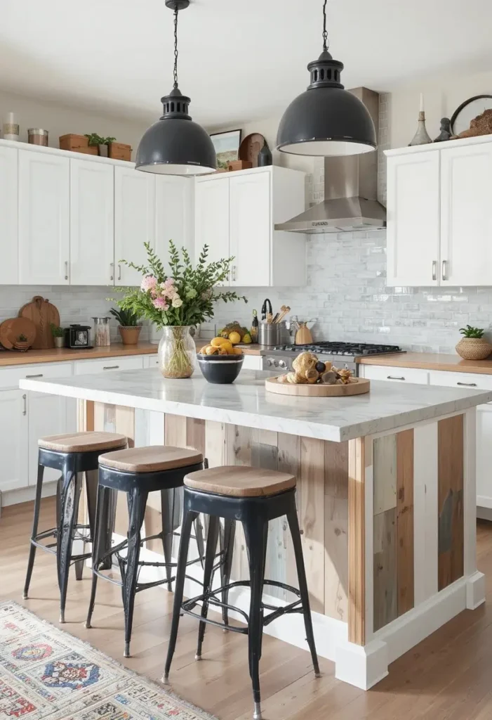 Eclectic kitchen featuring mixed-style bar stools around the island.