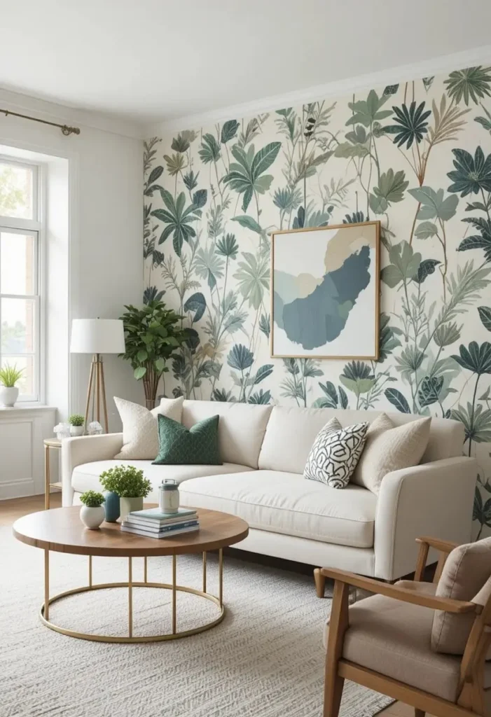 Botanical peel-and-stick wallpaper accent wall in a modern living room.