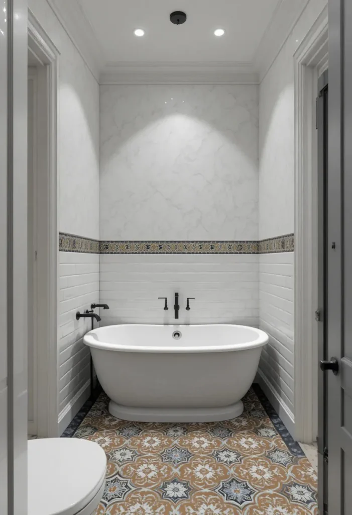 Small bathroom with colorful patterned tiles and a simple white bathtub.
