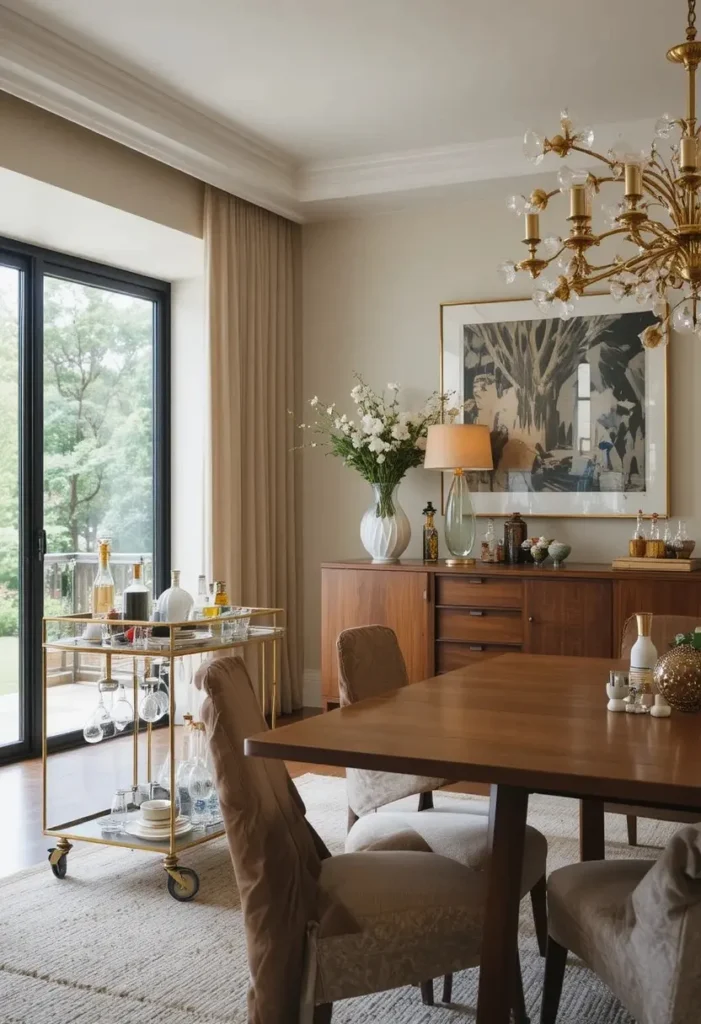 Mid century dining room featuring a brass bar cart styled for entertaining guests.