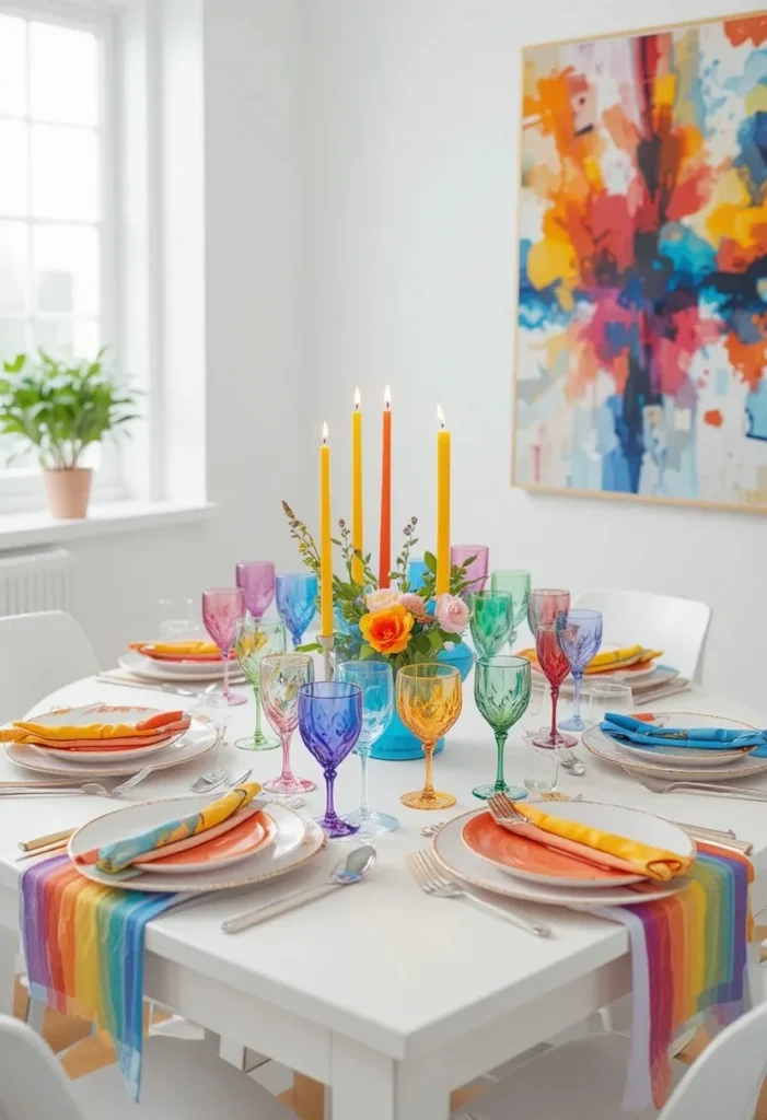 White dining room styled with colorful rainbow decor accents