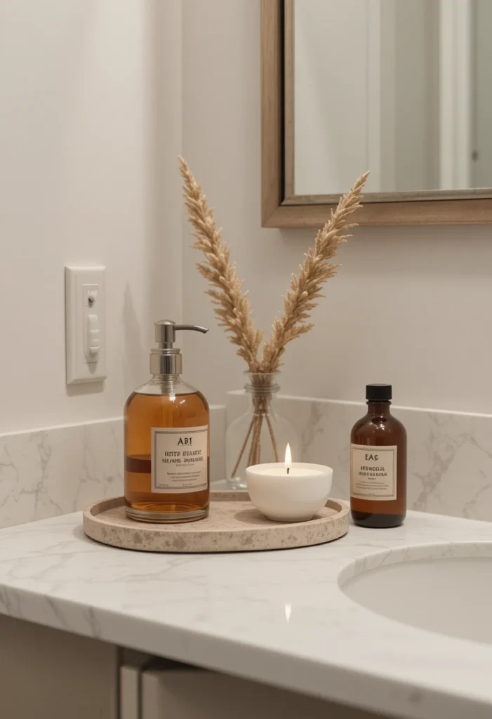 Minimal styled bathroom countertop with elegant accessories