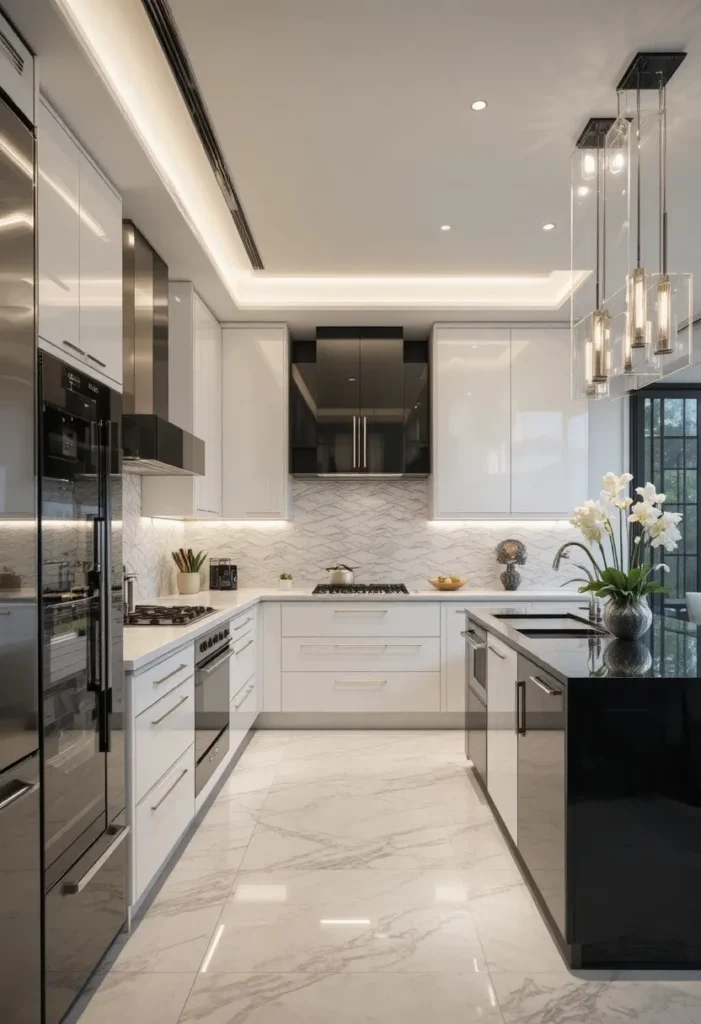 Modern two-tone kitchen with black island countertops and white surrounding counters.