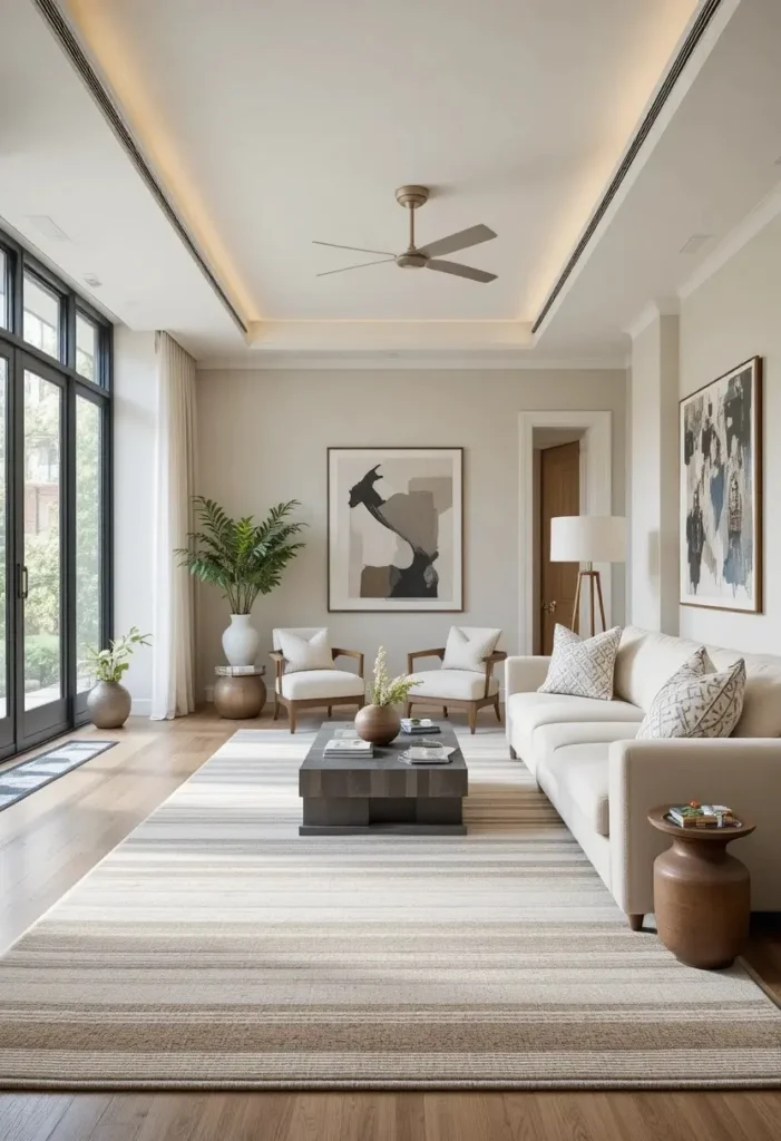 Neutral striped rug visually elongating a modern living room.