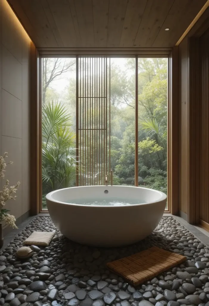 Japanese-inspired small bathroom with a deep soaking tub and natural materials.