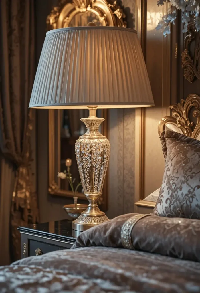 Crystal table lamp adding sparkle to luxury bedroom decor.