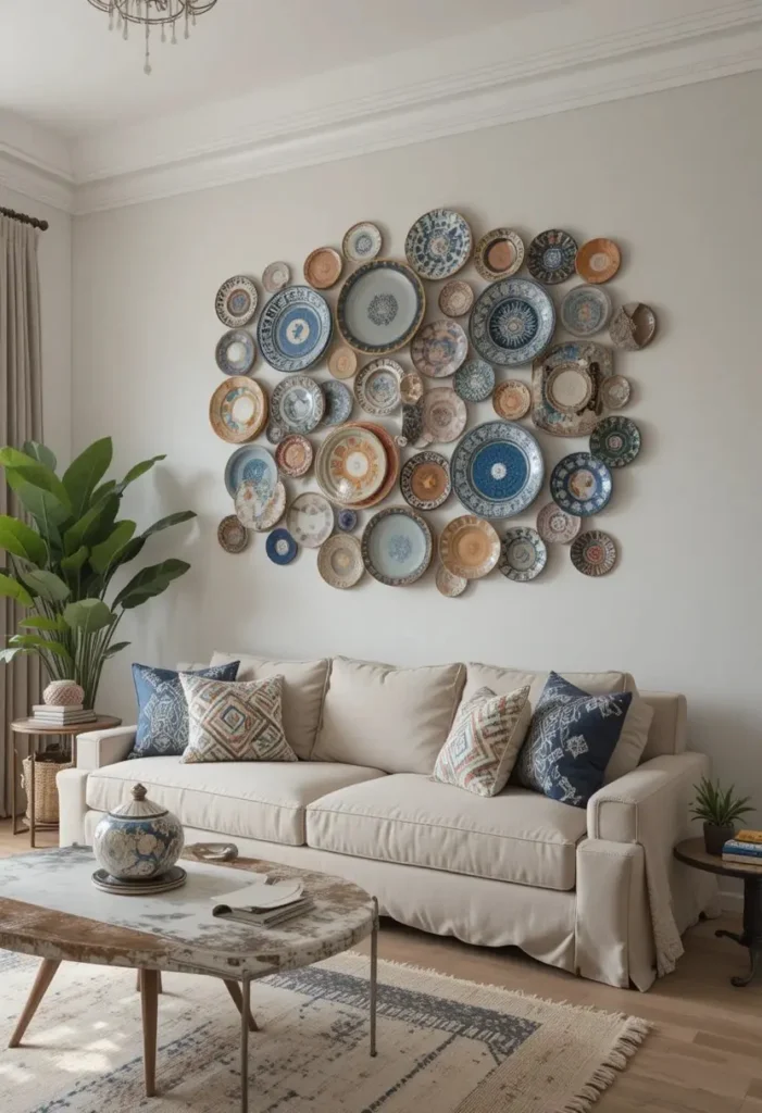 Living room wall with ceramic plate arrangement for eclectic charm