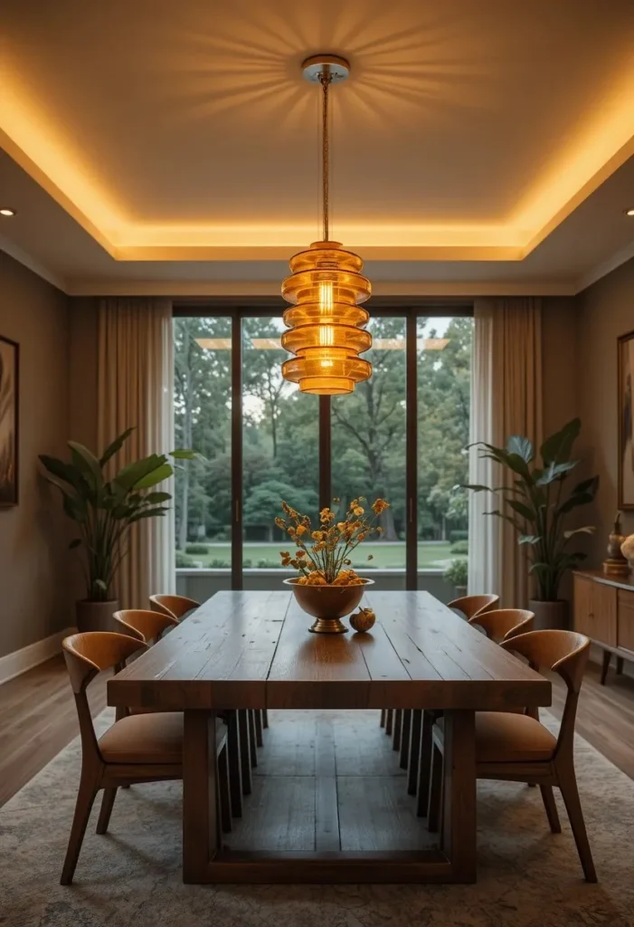 Dining room illuminated by amber glass pendant lights over a walnut table.