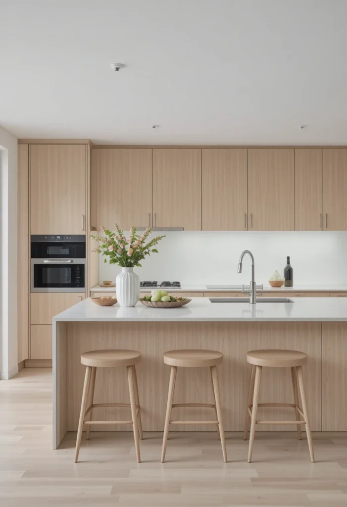 Minimalist kitchen island with modern backless stools.