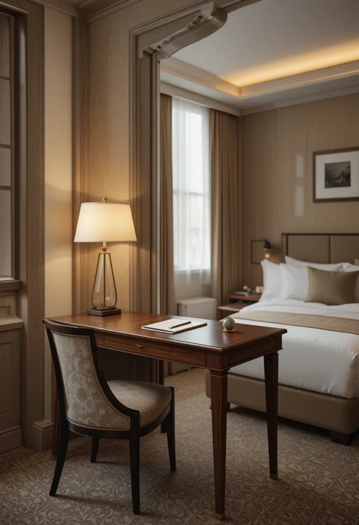 Full guest bedroom with small writing desk setup