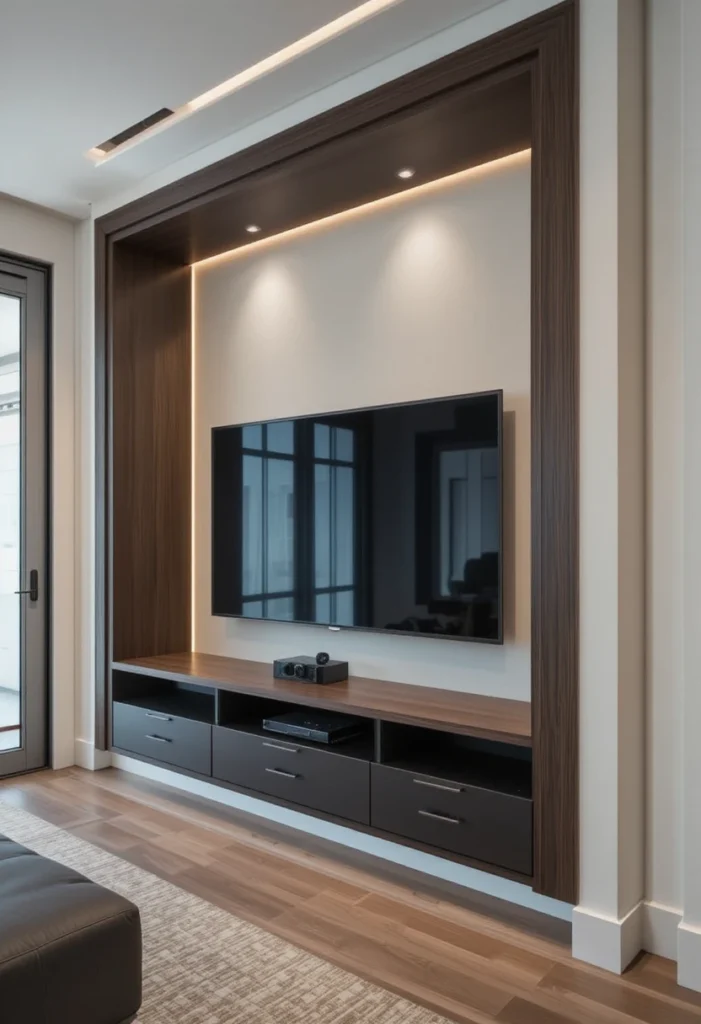 Recessed TV wall alcove with hidden cables and modern wood detailing
