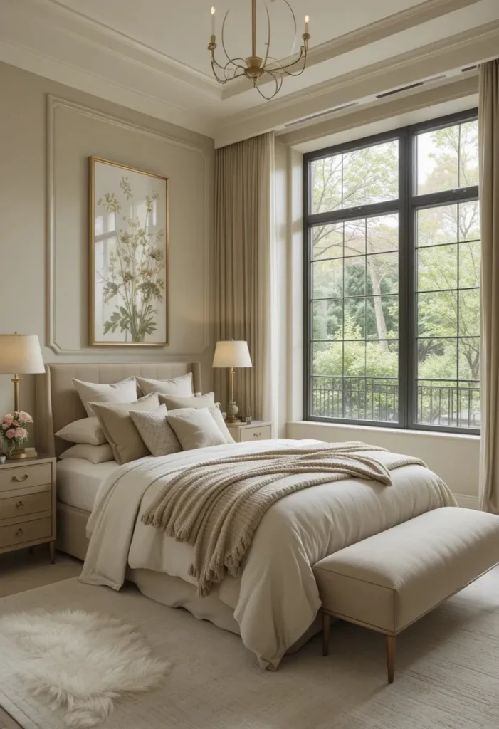 Full calming guest room with soft neutral color palette