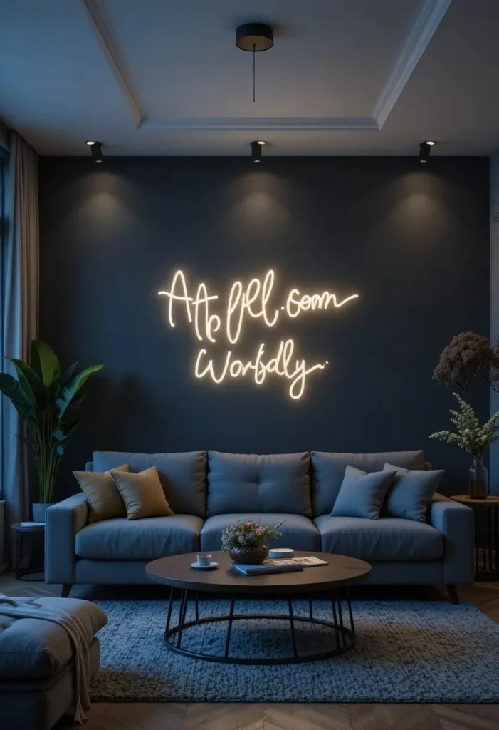 Living room wall with warm LED word art creating cozy mood
