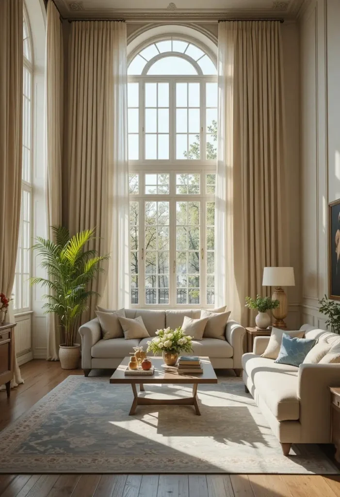 Full apartment living room with dramatic floor-to-ceiling curtains