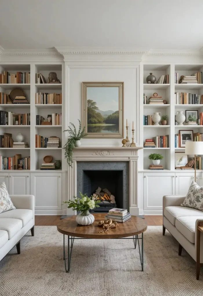 Symmetrical built-in shelves framing a cozy living room fireplace.