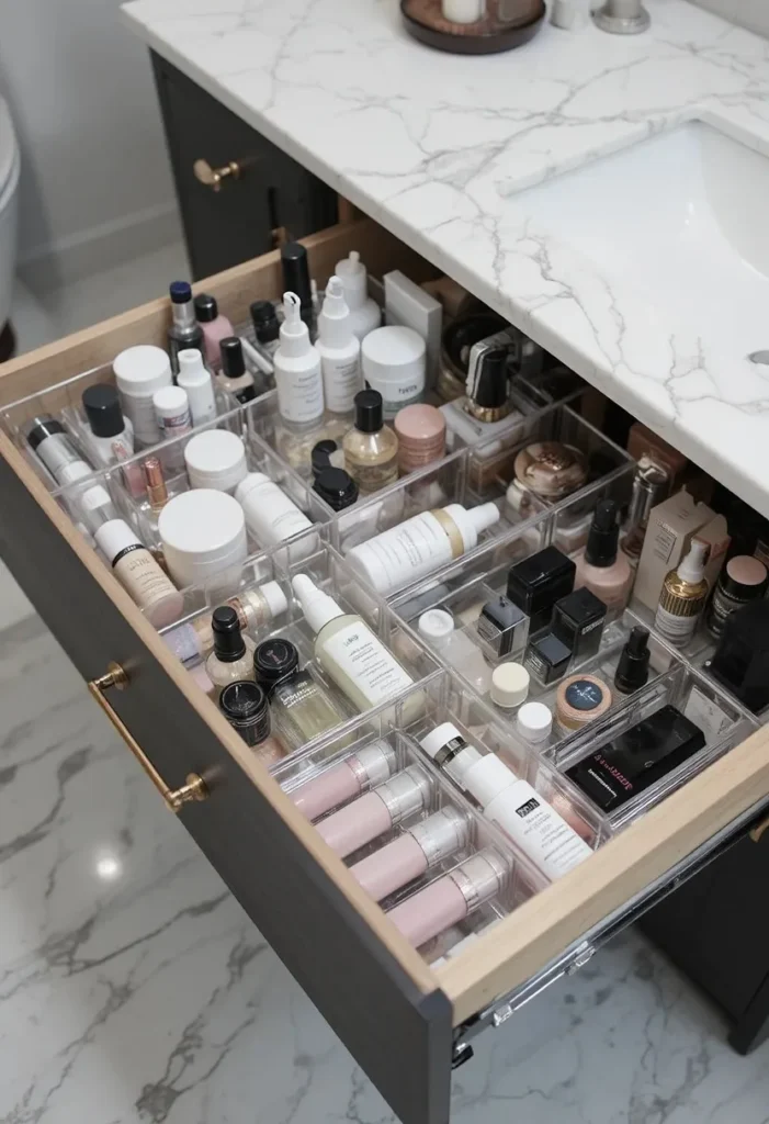 Bathroom vanity drawer organized with clear acrylic dividers