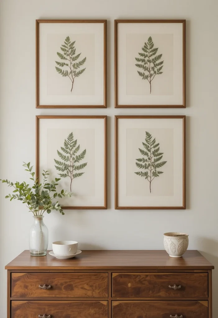 Framed pressed botanical prints arranged on bedroom wall.