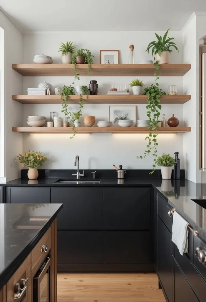 Black kitchen countertops styled with wooden open shelving and decorative plants.