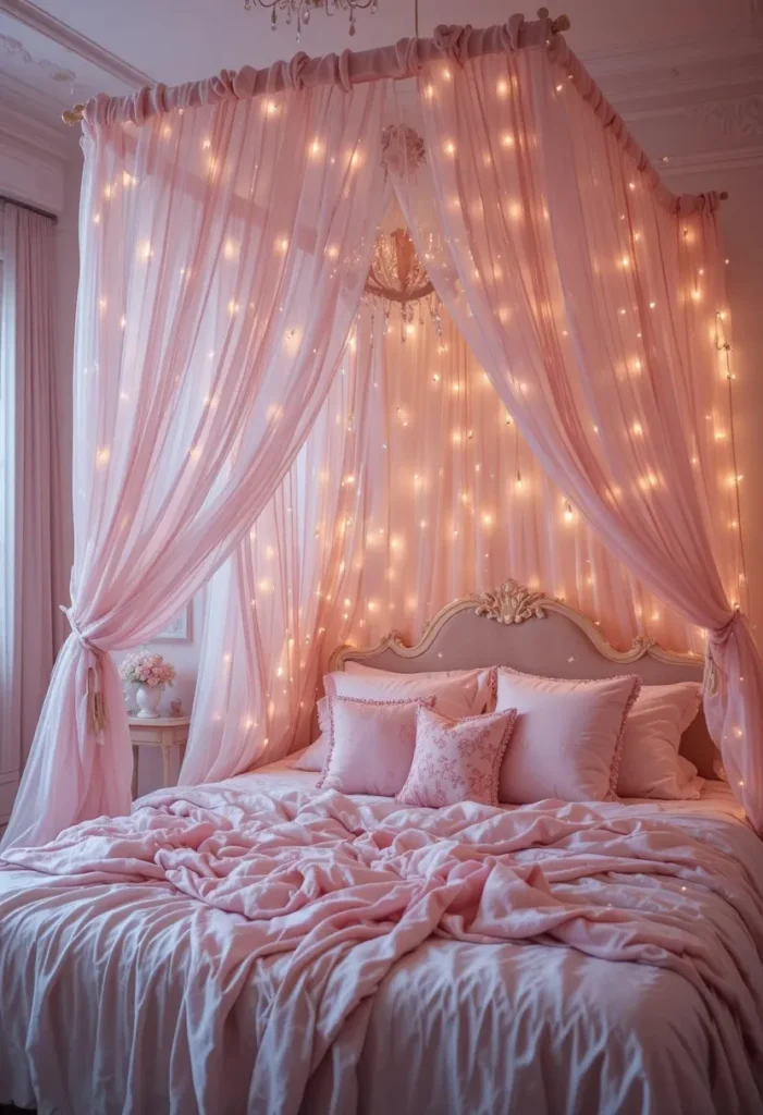 Pink canopy bed with sheer drapes and fairy lights.