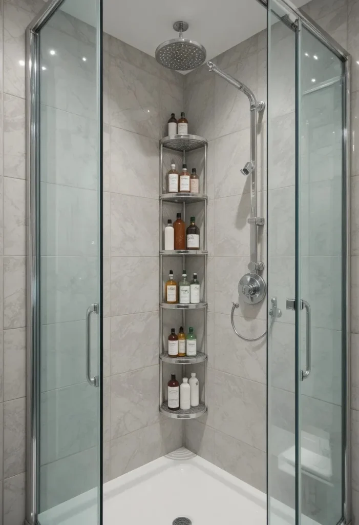 Small bathroom corner shower shelf maximizing unused space
