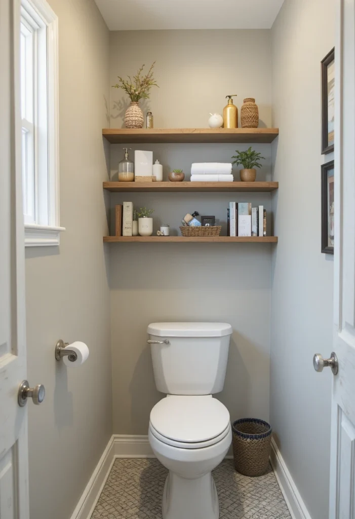 Small bathroom with floating shelves above toilet for extra storage