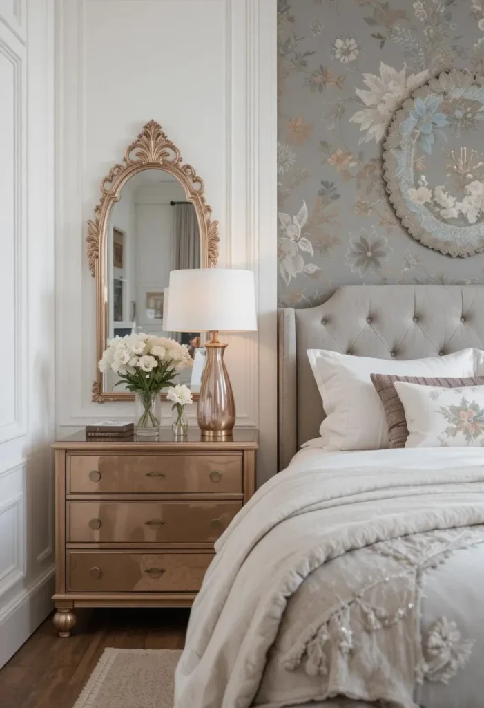 Neutral bedroom with rose gold decor accents and elegant styling.