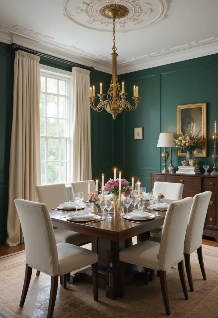Forest green dining room with brass chandelier and walnut dining table