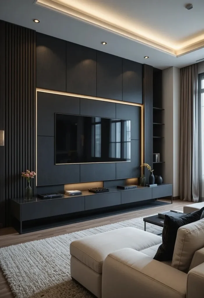 Dark charcoal accent TV wall with ambient LED lighting in modern living room