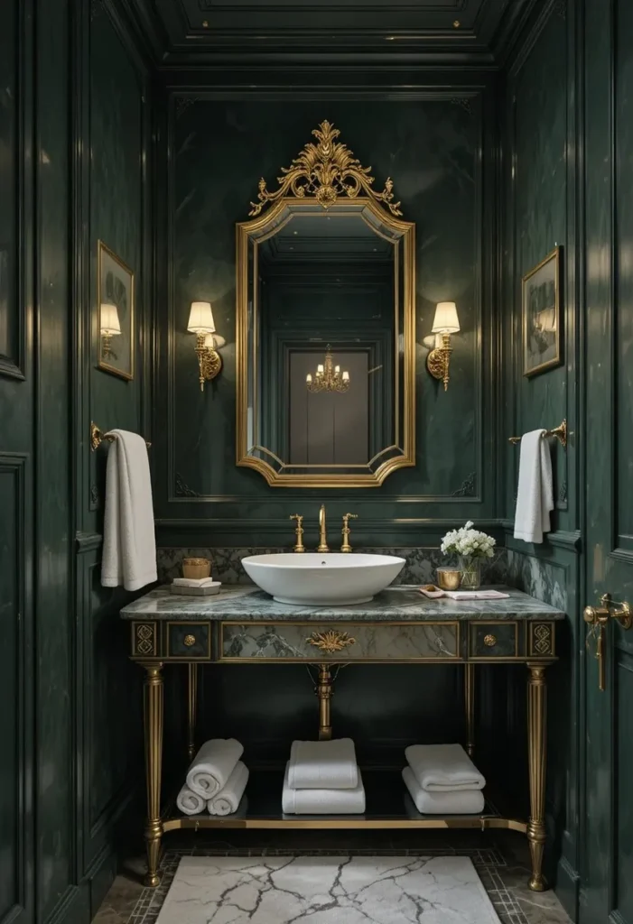 Dark green bathroom walls creating a dramatic luxury look