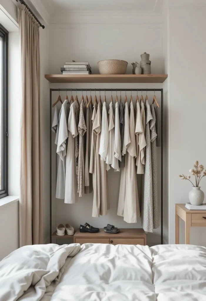 Minimal capsule wardrobe displayed neatly on a slim open clothing rail.