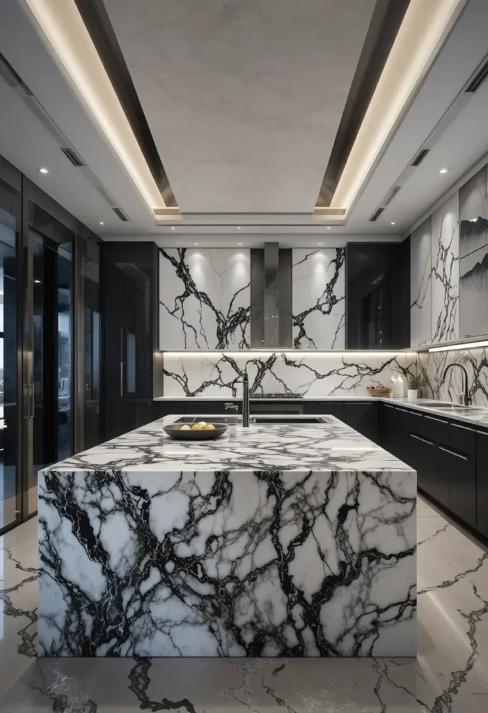 Modern kitchen featuring dramatic black and white porcelain slab countertops.