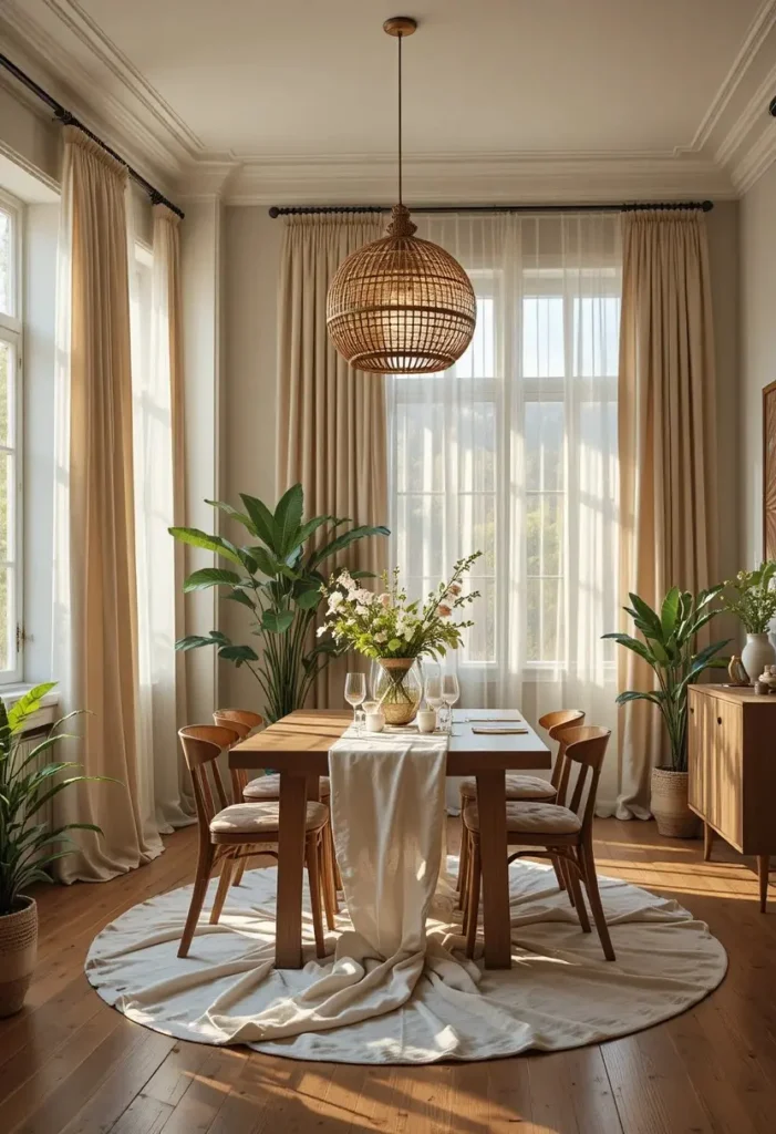 Boho dining room with long linen curtains that pool gracefully on the floor.