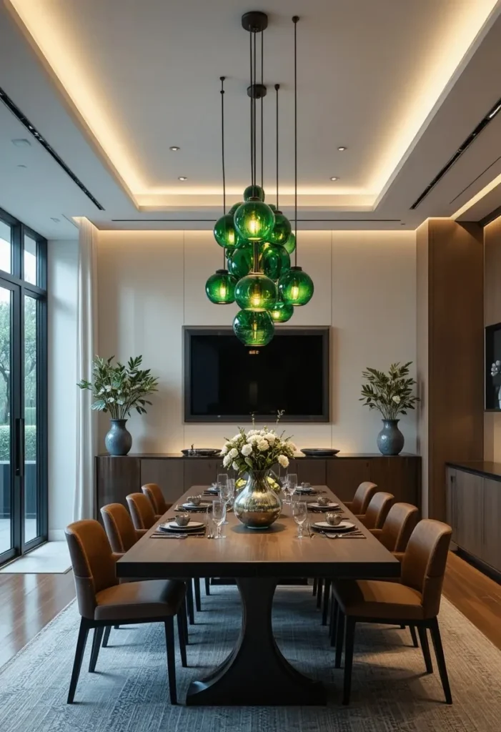 Full dining room with green pendant lights adding color overhead