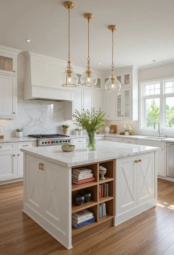 Functional kitchen with a waterfall island featuring built-in storage and open shelving.